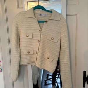 Zara Cream Textured Knit Jacket with Gold Buttons